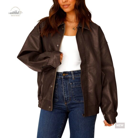Jackets & Blazers - Faux Leather Motorcycle Jacket Oversized Zip Up Coat Women's Outerwear